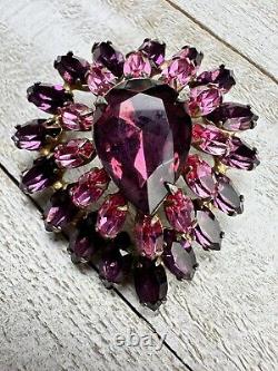 Vintage Purple Red Pink Rhinestone Spray Dome Teardrop Hook Eye Layer Brooch Pin