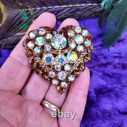 Vintage RARE Juliana D&E Topaz Amber AB Rhinestone Heart Shaped Brooch Pin MINT