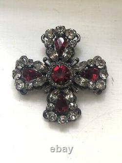 Vintage REGENCY Brooch Cross Smoky Topaz Ruby Clear Rhinestones Hook Signed