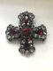 Vintage REGENCY Brooch Cross Smoky Topaz Ruby Clear Rhinestones Hook Signed