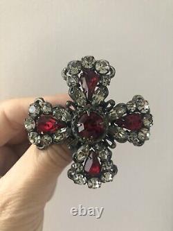 Vintage REGENCY Brooch Cross Smoky Topaz Ruby Clear Rhinestones Hook Signed