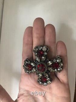 Vintage REGENCY Brooch Cross Smoky Topaz Ruby Clear Rhinestones Hook Signed