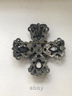 Vintage REGENCY Brooch Cross Smoky Topaz Ruby Clear Rhinestones Hook Signed