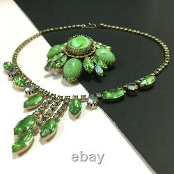 Vintage REGENCY Necklace Brooch SET Green Rhinestone & Art Glass CAB Gold zz144