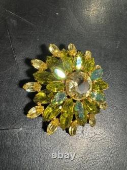 Vintage REGENCY Signed Glass Green Blue AB Rhinestone Gold Tone Brooch