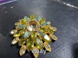 Vintage REGENCY Signed Glass Green Blue AB Rhinestone Gold Tone Brooch