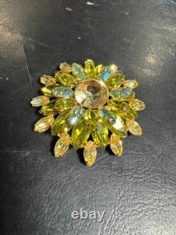 Vintage REGENCY Signed Glass Green Blue AB Rhinestone Gold Tone Brooch