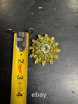 Vintage REGENCY Signed Glass Green Blue AB Rhinestone Gold Tone Brooch