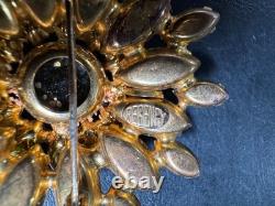 Vintage REGENCY Signed Glass Green Blue AB Rhinestone Gold Tone Brooch