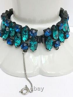 Vintage REGENCY Turquoise Blue Rhinestone Poured Glass Brooch Bracelet Earrings