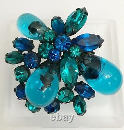 Vintage REGENCY Turquoise Blue Rhinestone Poured Glass Brooch Bracelet Earrings