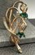 Vintage REJA 2.5 Large Flower Gold Tone Floral Brooch Green Rhinestone Leaf Pin