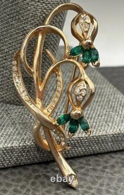 Vintage REJA 2.5 Large Flower Gold Tone Floral Brooch Green Rhinestone Leaf Pin