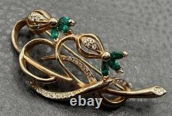 Vintage REJA 2.5 Large Flower Gold Tone Floral Brooch Green Rhinestone Leaf Pin
