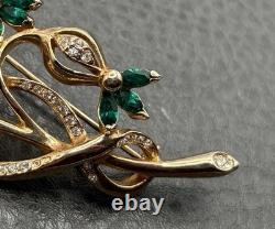 Vintage REJA 2.5 Large Flower Gold Tone Floral Brooch Green Rhinestone Leaf Pin