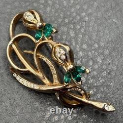 Vintage REJA 2.5 Large Flower Gold Tone Floral Brooch Green Rhinestone Leaf Pin