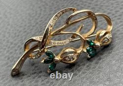 Vintage REJA 2.5 Large Flower Gold Tone Floral Brooch Green Rhinestone Leaf Pin