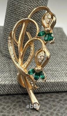 Vintage REJA 2.5 Large Flower Gold Tone Floral Brooch Green Rhinestone Leaf Pin