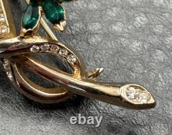 Vintage REJA 2.5 Large Flower Gold Tone Floral Brooch Green Rhinestone Leaf Pin