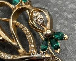 Vintage REJA 2.5 Large Flower Gold Tone Floral Brooch Green Rhinestone Leaf Pin