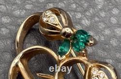 Vintage REJA 2.5 Large Flower Gold Tone Floral Brooch Green Rhinestone Leaf Pin