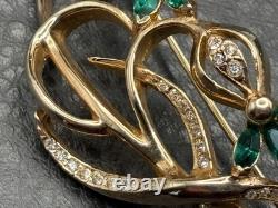 Vintage REJA 2.5 Large Flower Gold Tone Floral Brooch Green Rhinestone Leaf Pin