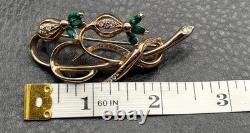 Vintage REJA 2.5 Large Flower Gold Tone Floral Brooch Green Rhinestone Leaf Pin