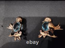 Vintage REJA Style Sterling Rose Gold Vermeil Bird Brooch Pair Aqua Belly 1940s