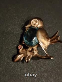 Vintage REJA Style Sterling Rose Gold Vermeil Bird Brooch Pair Aqua Belly 1940s