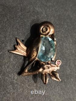 Vintage REJA Style Sterling Rose Gold Vermeil Bird Brooch Pair Aqua Belly 1940s