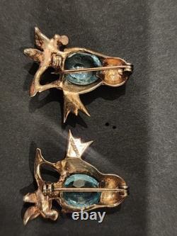Vintage REJA Style Sterling Rose Gold Vermeil Bird Brooch Pair Aqua Belly 1940s