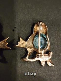 Vintage REJA Style Sterling Rose Gold Vermeil Bird Brooch Pair Aqua Belly 1940s
