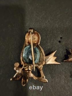 Vintage REJA Style Sterling Rose Gold Vermeil Bird Brooch Pair Aqua Belly 1940s