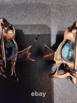 Vintage REJA Style Sterling Rose Gold Vermeil Bird Brooch Pair Aqua Belly 1940s