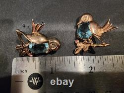Vintage REJA Style Sterling Rose Gold Vermeil Bird Brooch Pair Aqua Belly 1940s