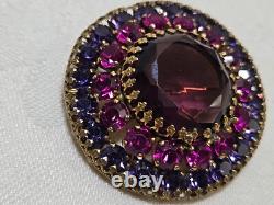 Vintage RUDOLPH WEISS Germany Gold Tone Purple Pink Purple Rhinestone Brooch Pin