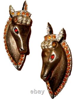 Vintage Rare 40's Sterling Silver Vermeil Rhinestone Horse Head Pair of Brooches