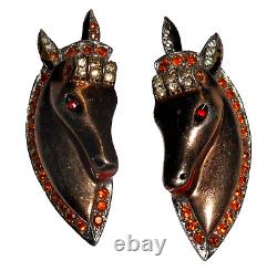 Vintage Rare 40's Sterling Silver Vermeil Rhinestone Horse Head Pair of Brooches