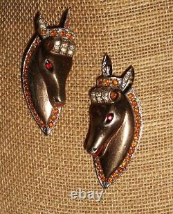 Vintage Rare 40's Sterling Silver Vermeil Rhinestone Horse Head Pair of Brooches