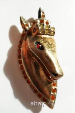 Vintage Rare 40's Sterling Silver Vermeil Rhinestone Horse Head Pair of Brooches