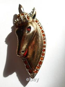 Vintage Rare 40's Sterling Silver Vermeil Rhinestone Horse Head Pair of Brooches