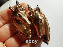 Vintage Rare 40's Sterling Silver Vermeil Rhinestone Horse Head Pair of Brooches