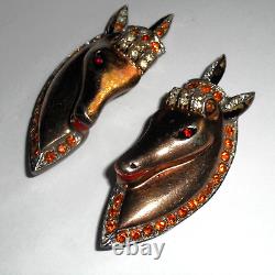 Vintage Rare 40's Sterling Silver Vermeil Rhinestone Horse Head Pair of Brooches