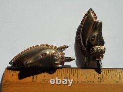 Vintage Rare 40's Sterling Silver Vermeil Rhinestone Horse Head Pair of Brooches