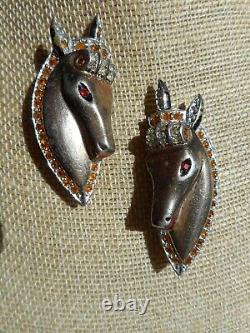 Vintage Rare 40's Sterling Silver Vermeil Rhinestone Horse Head Pair of Brooches