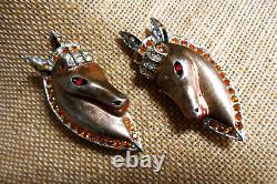 Vintage Rare 40's Sterling Silver Vermeil Rhinestone Horse Head Pair of Brooches