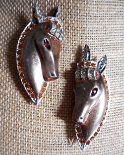 Vintage Rare 40's Sterling Silver Vermeil Rhinestone Horse Head Pair of Brooches