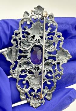 Vintage Rare! 925 Sterling Silver Brooch Victorian Purple Rhinestone Pin 2.7