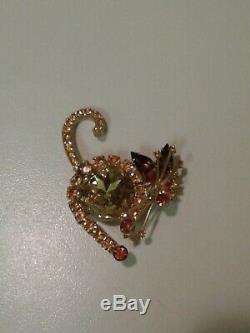 Vintage Rare D&E Juliana Rivoli Rhinestone Cat Brooch Pin Kitten Fall Colors