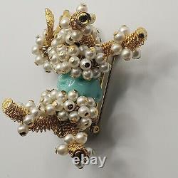 Vintage Rare Golden Spaghetti Wire Faux Pearl Rhinestone 3D Poodle Dog Brooch